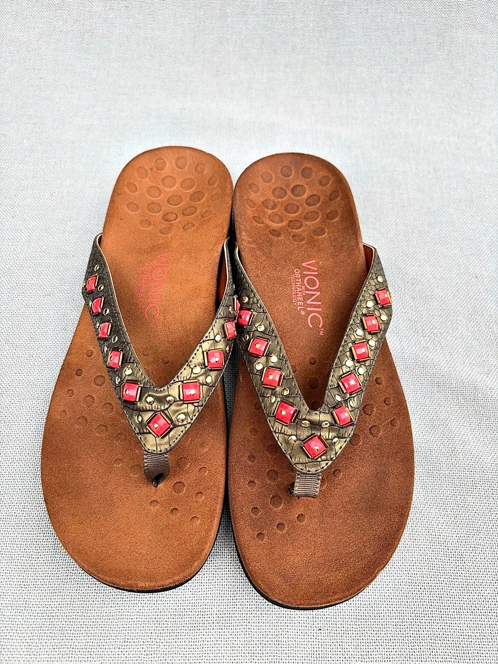 Vionic Orthaheel Embellished Flip Flop Sandals Brown US 10